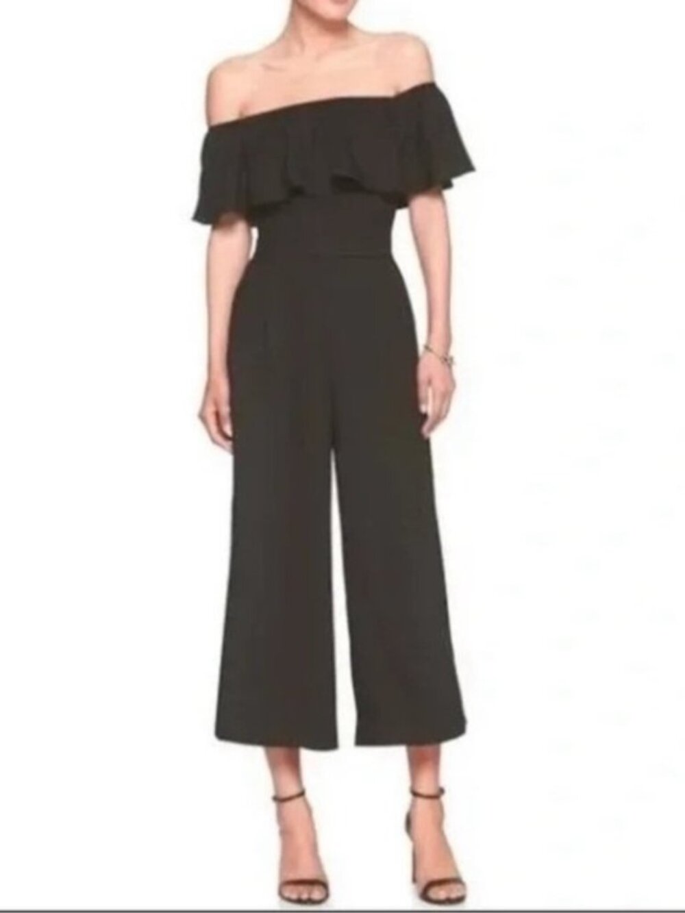 Banana Republic Black Off-the-Shoulder Ruffle Wide-Leg Jumpsuit Sz 4 classic 400